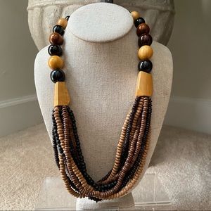 Brown tan wood beaded multi strand necklace